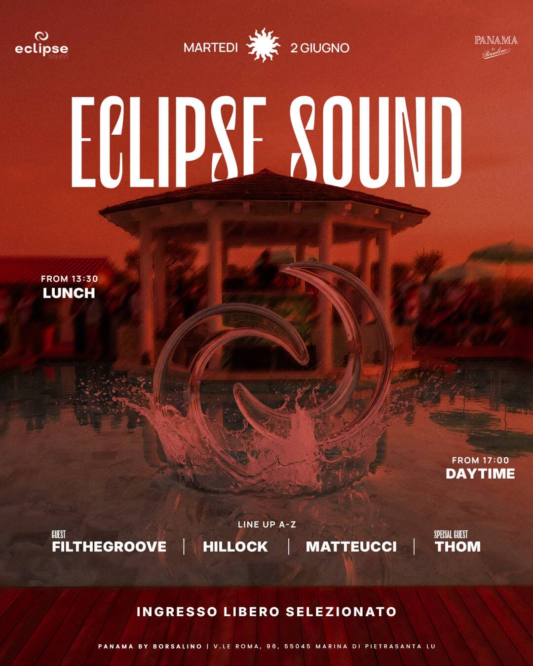 Eclipse Sound music event poster with sunset background and DJ lineup.